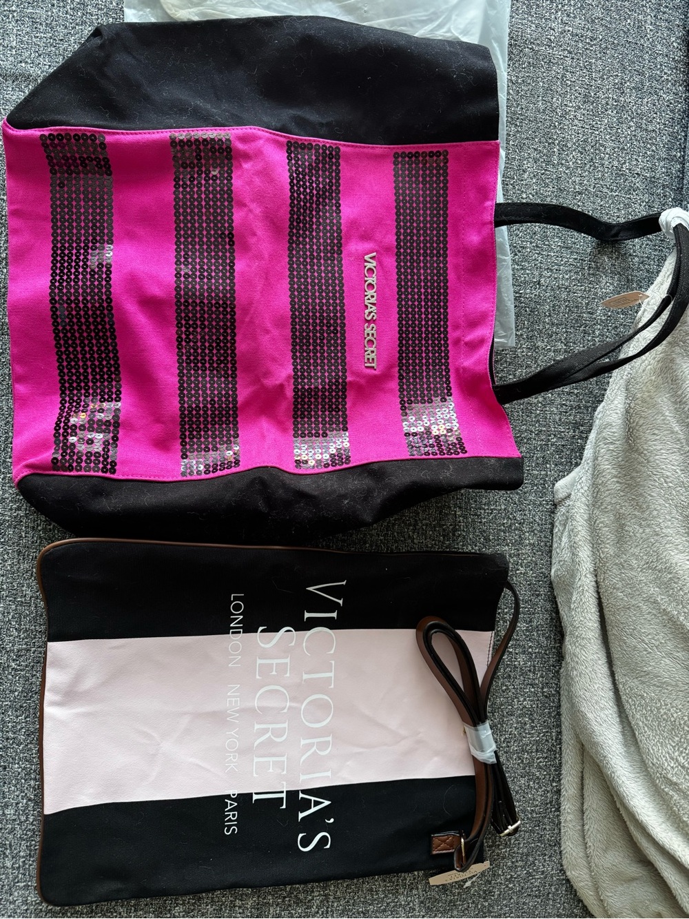 Victoria's Secret Hot Pink and Black Sequin Stripe Tote with Matching Pouch